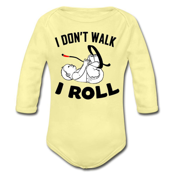 I don't walk I Roll Organic Long Sleeve Baby Bodysuit - washed yellow