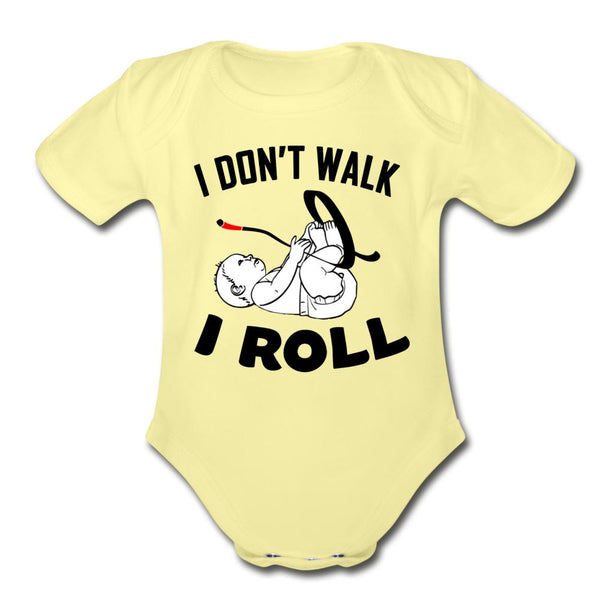 I Don't Walk I Roll Organic Short Sleeve Baby Bodysuit - washed yellow