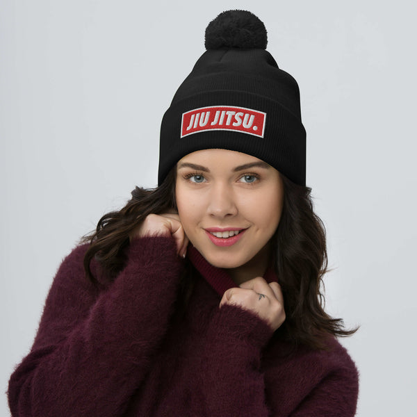 BJJ Text Jiu Jitsu Red Pom-Pom Beanie