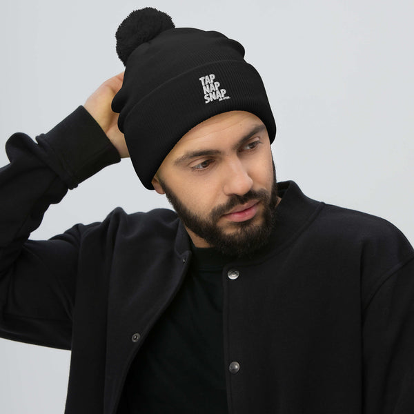 Tap Nap Snap White Pom-Pom Beanie