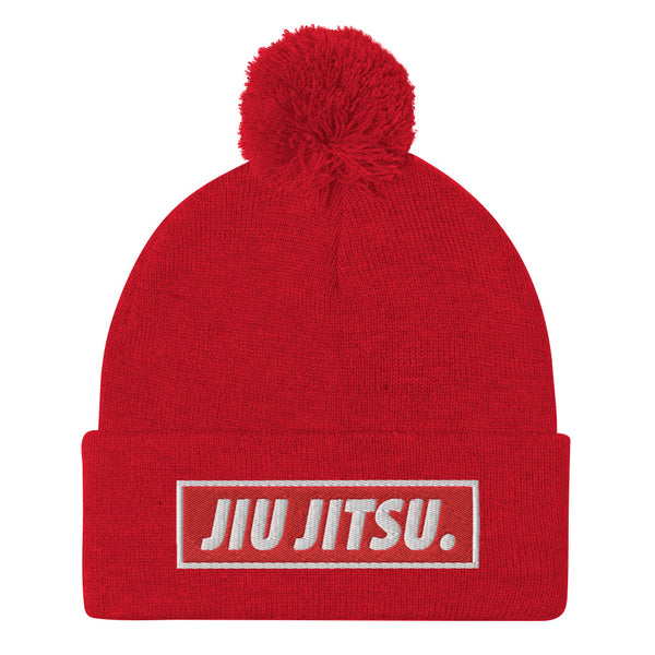 BJJ Text Jiu Jitsu Red Pom-Pom Beanie