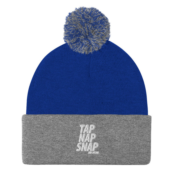 Tap Nap Snap White Pom-Pom Beanie