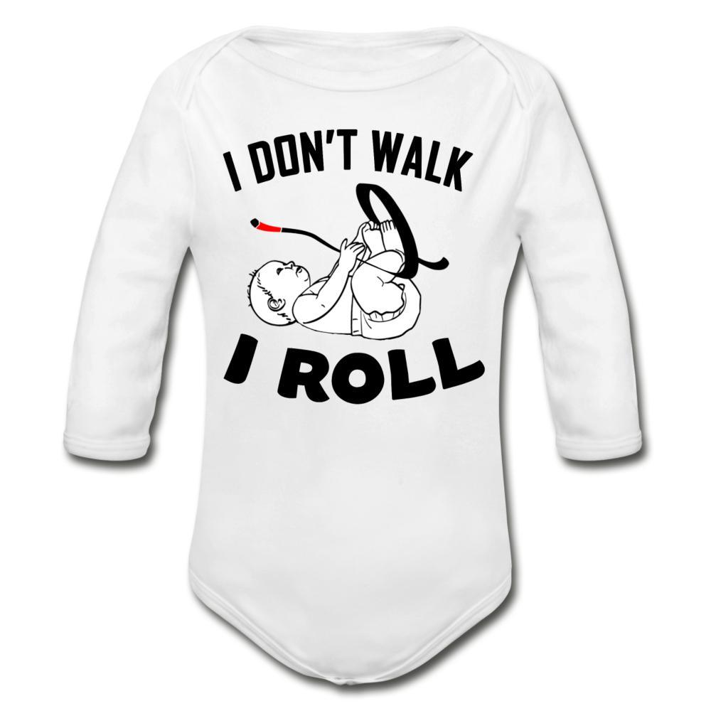 I don't walk I Roll Organic Long Sleeve Baby Bodysuit - white