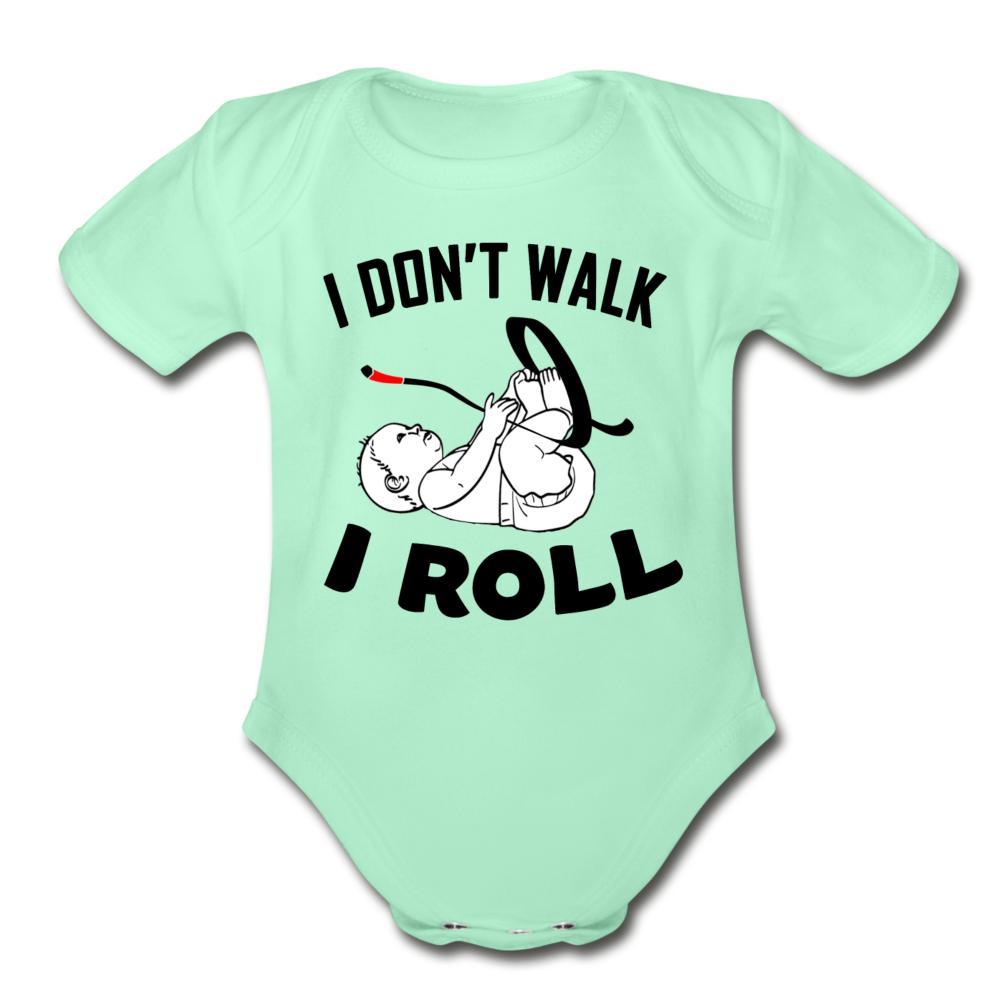 I Don't Walk I Roll Organic Short Sleeve Baby Bodysuit - light mint